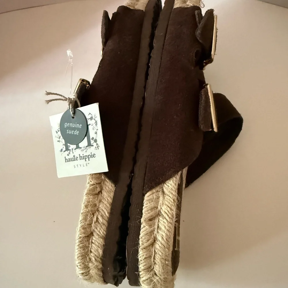 Haute Hippie Brown Suede Double-Buckle Espadrille Sandals Women’s 7.5 NEW